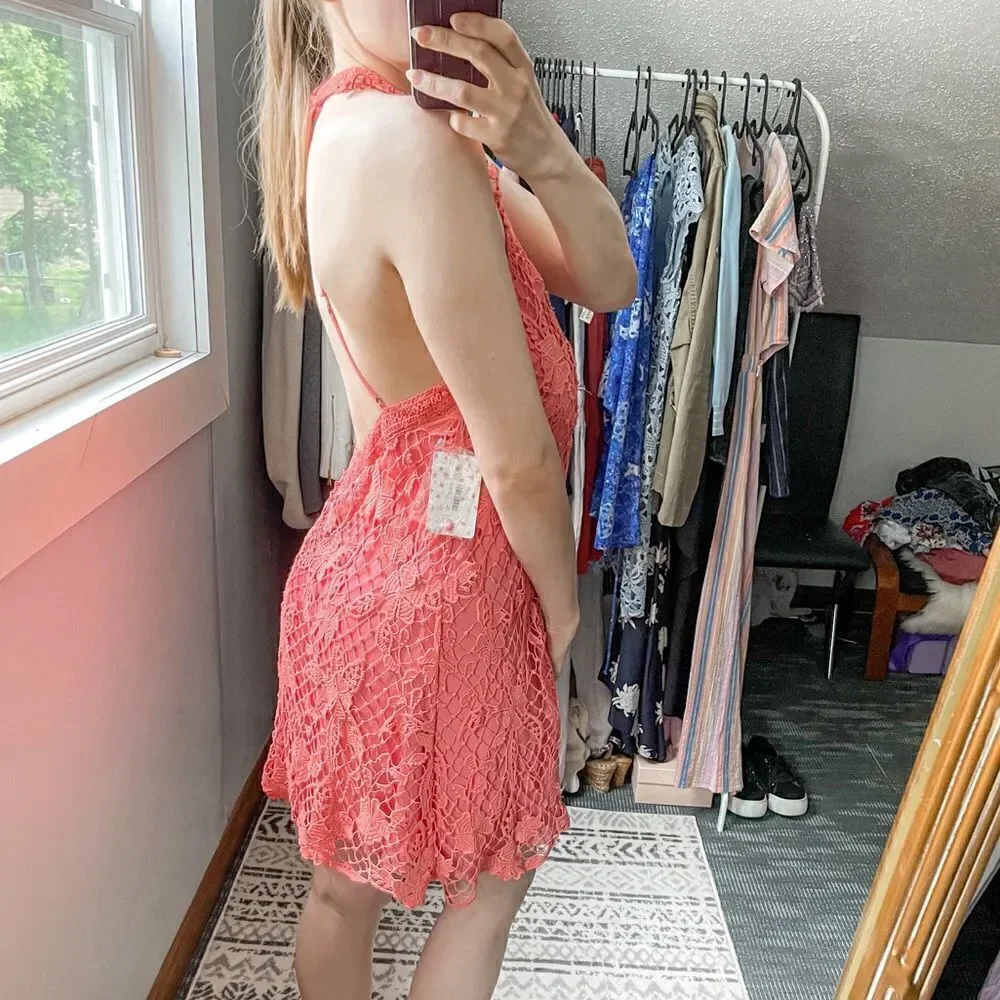 Free People Snowdrop Lace Halter Trapeze Mini Dress Coral L
